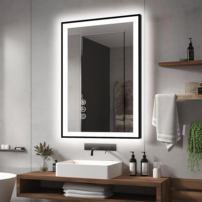 24x36 LED Bathroom Mirrors for Wall -Black Aluminum Framed (Front and Backlit), Anti-Fog Vanity Mirror with Lights,Stepless Dimmable Lighted, 3 Colors Smart Mirror(Horizontal/Vertical)