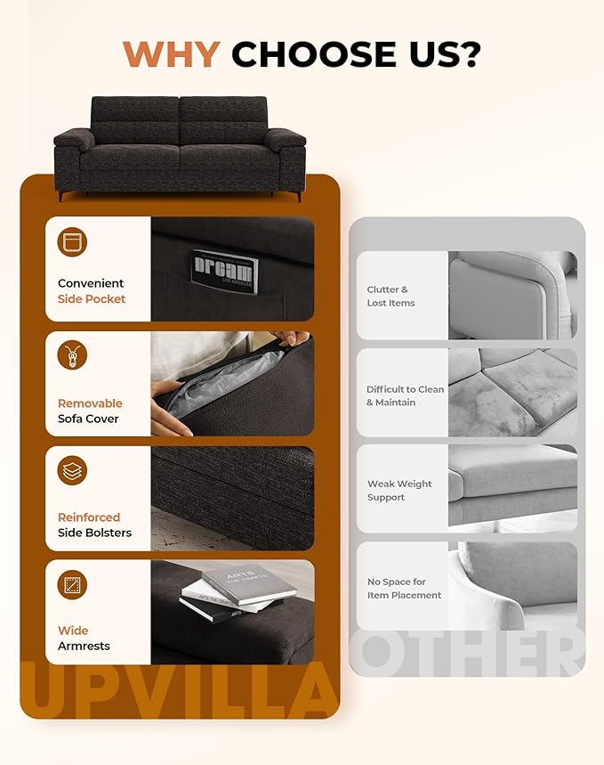 88.97" Modern Sofa Couch for Living Room, Deep Seat Sofa with 8”Cushion, Comfy 2-Seater Chenille Loveseat Sofa with Convertible Armrest, Removable Sofa Cover, High Leg (Dark Gray)