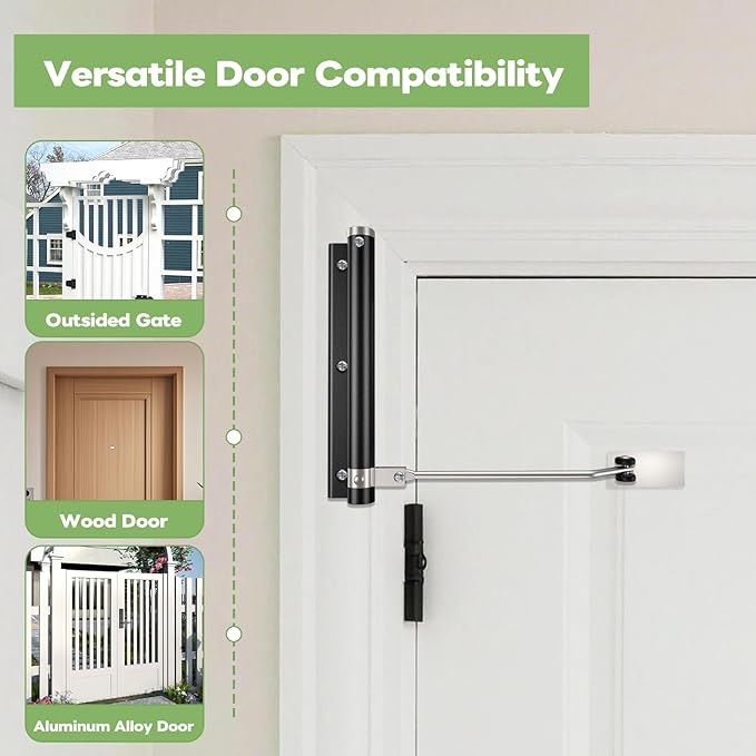 Automatic Door Closer, Stops Door Slamming, Ultra-Quiet Soft Close for Home & Apartment Doors, Upgraded Aluminum Roller Arm, Scratch-Free, Adjustable Speed, Self Closing Spring Door Closer, Silver
