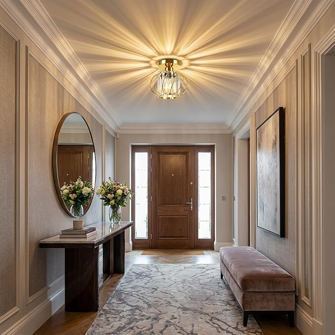 FRIDEKO HOME Gold Crystal Ceiling Light Fixture - Crystal Chandelier Small Semi Flush Mount Ceiling Light Modern Lights Ceiling Mount for Hallway Kitchen Entryway Bedroom Bathroom (2 Pack, 7.48 Inch)