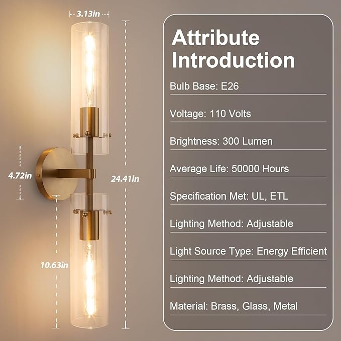 Brass Gold 2-Light Knurled Wall Sconce, Dual-Head Vanity Lamp Set of Two with Clear Glass Tube, Bathroom Wall Sconces, Wall Lights for Living Room Bedroom Hallway Kitchen Bathroom Mirror