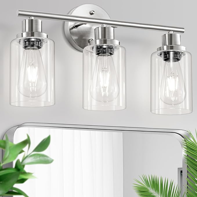 3-Light Brushed Nickel Vanity Lights, E26 Modern Bathroom Light Fixtures with Clear Glass Shade, Wall Lamps for Mirror Kitchen Hallway Cabinet Living Room Sconces Lights