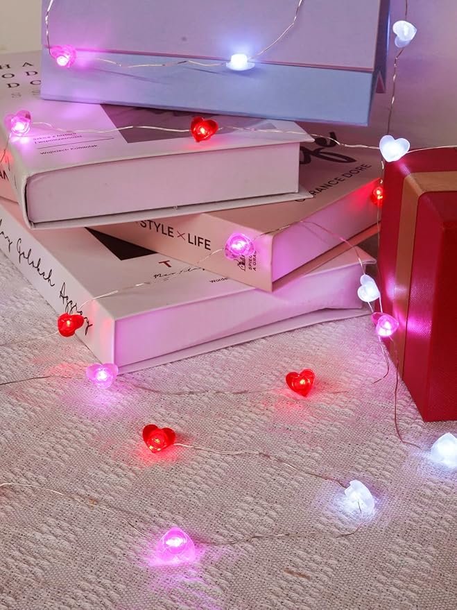 Red Pink White Heart Fairy Lights Battery Operated for Valentines Decor, 10FT 30 LED Battery String Lights with Timer Waterproof for Indoor Outdoor Valentines Proposal Anniversary Wedding Decorations