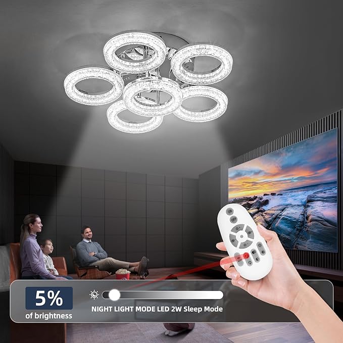 OKELI Modern Ceiling Light, 6 Rings 17.7'' Dimmable LED 60W Flush Mount Ceiling Lights with Remote Acrylic Crystal Round Ceiling Light Fixture, Bedroom Living Room Dining Room, Chrome
