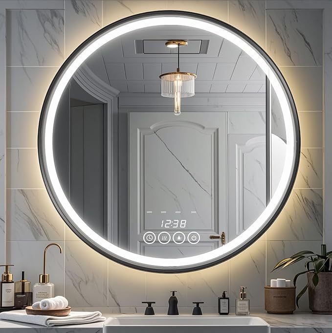 Wall-Mounted Round Bathroom Mirror with LED-Lights - Frame Vanity Mirrors (28" x 28", Black)
