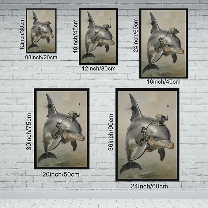 Framed Steampunk Mechanical Dolphin Wall Art - Marine Retro-Futuristic Poster for Beach House Living Room Decor 20x30in