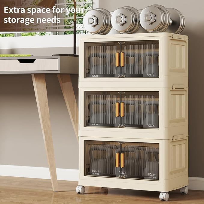 3 Tier Stackable Plastic Storage Bins with Lids 28QT, Collapsible Closet Organizers and Storage with Wheels for Living Room,Office,Dorm