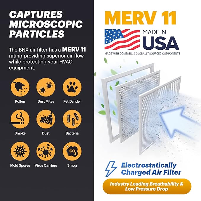 BNX 20x25x1 MERV 11 Air Filter 4 Pack - MADE IN USA - Electrostatic Pleated Air Conditioner HVAC AC Furnace Filters - Removes Dust, Mold, Pollen, Lint, Pet Dander, Smoke, Smog