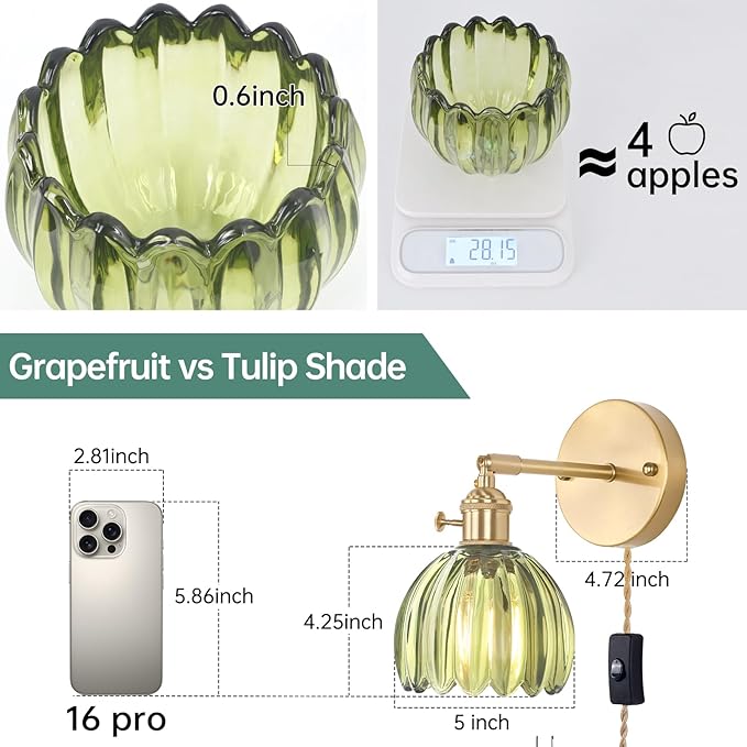 Plug in Wall Sconce, Green Tulip Glass Lampshade Wall Light Plugin Corded for Bedside Bedroom Doorway