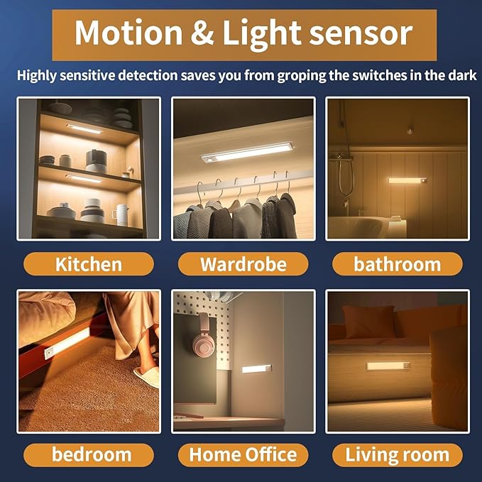 Motion Sensor Under Cabinet Lighting-Magnetic Rechargeable Closet Lights for Kitchen,Stairs,Wardrobe | 3-Color Dimmable LED Under Counter Lighting | Cord-Free Light Bars