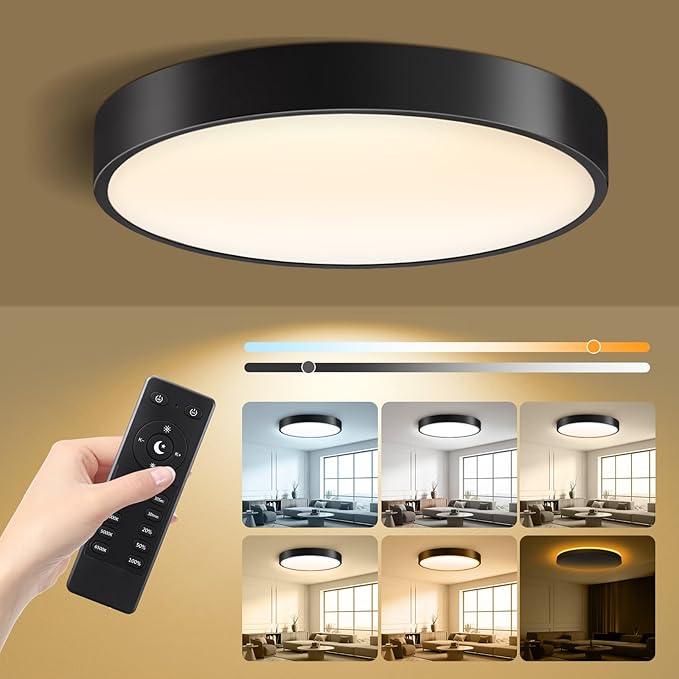18 Inch Flush Mount Ceiling Light with Remote Control & Night Light, 5CCT Dimmable Ceiling Light Fixture, 43W 4300LM 2700K-6500K Adjustable LED Ceiling Lights for Bedroom Kitchen, Black