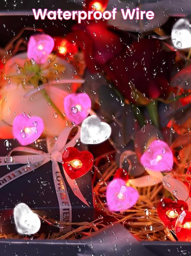 Red Pink White Heart Fairy Lights Battery Operated for Valentines Decor, 10FT 30 LED Battery String Lights with Timer Waterproof for Indoor Outdoor Valentines Proposal Anniversary Wedding Decorations