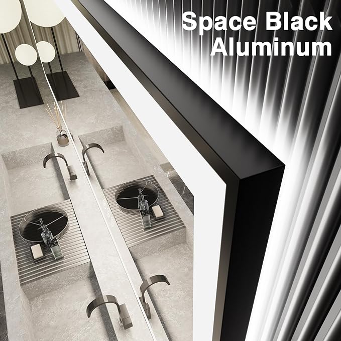 55x36 LED Bathroom Mirrors for Wall -Black Aluminum Trim (Front and Backlit), Anti-Fog Light Up Mirror,Stepless Dimmable Lighted Mirror,3 Colors Smart Mirror(Horizontal/Vertical)