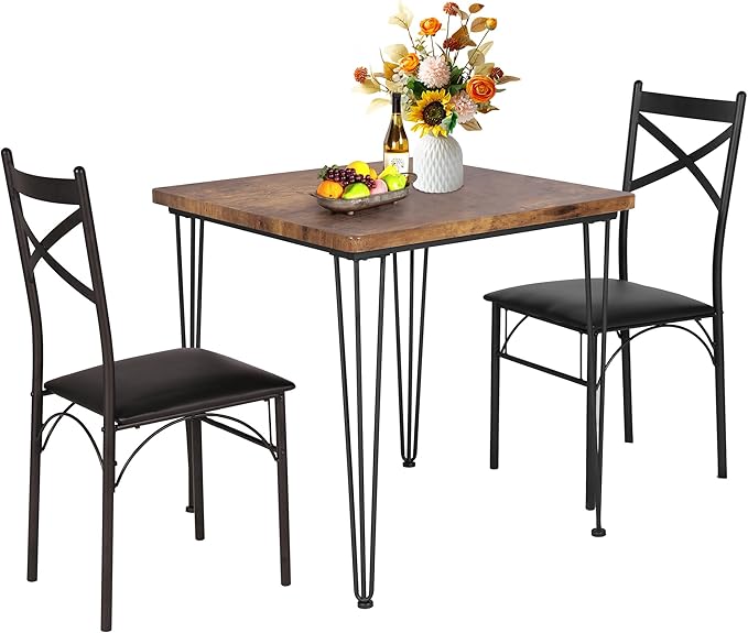 VECELO 3 Piece Dining Table Set for 2, Kitchen Table Set with 2 Chairs for Small Space, Space-Saving and Modern Design, Apartment, Easy to Assemble,Brown