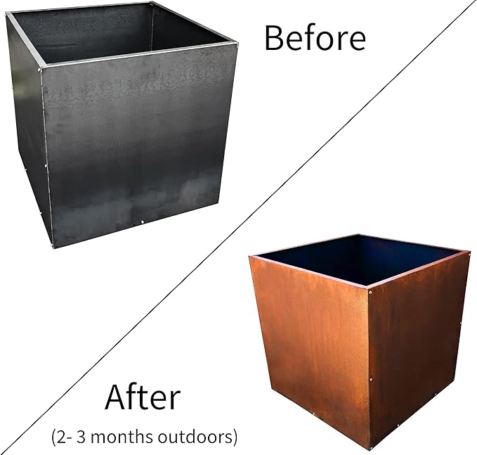 DIY CARTEL Corten Steel Cube Outdoor Planter Box, Rustic & Modern Farmhouse Design, Large Raised Metal Garden Bed for Commercial & Residential Use