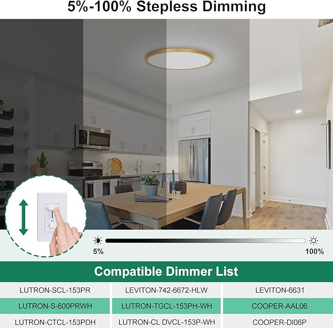 Brightever Gold LED Flush Mount Ceiling Light Fixture, 12 Inch 24W, Super Slim 0.67 Inch 3200LM LED Ceiling Lights, Dimmable & 2700K-6500K 5 Color in One Ceiling Lamp for Bedroom, Porch, 2 Packs