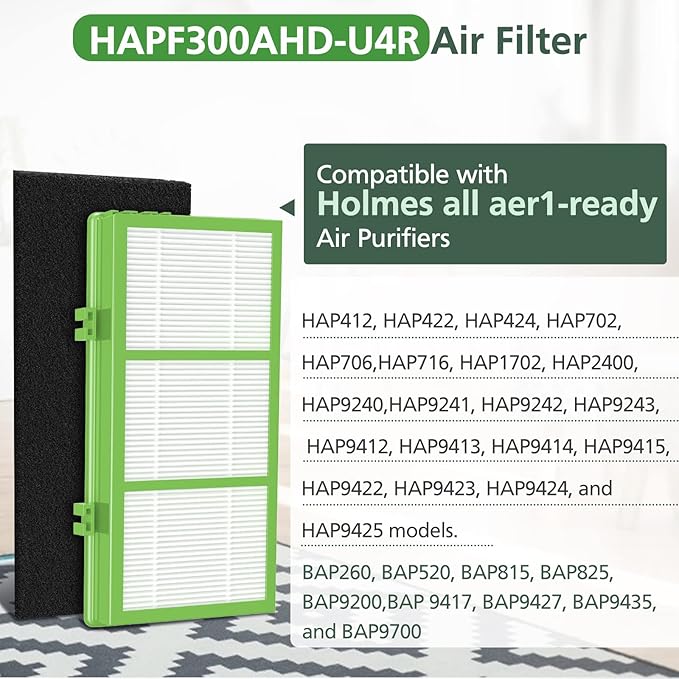 HAPF300AHD-U4R True HEPA Filters Replacement for Holmes AER1 Air Purifier, Parts # HAPF300AH-U4R, HAP242-NUC, 4 True HEPA + 8 Pre Filter