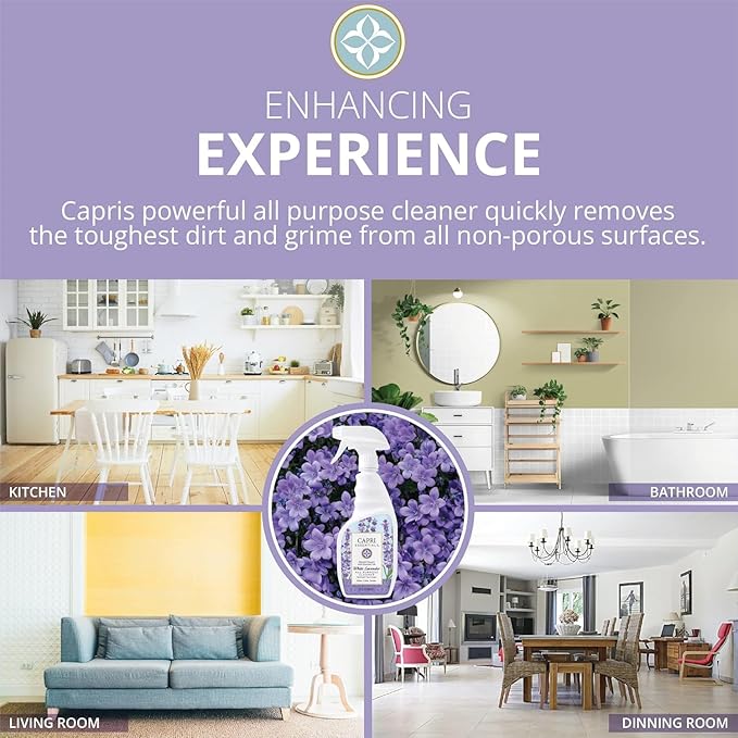 CAPRI ESSENTIALS All Purpose Cleaner, Natural Household Cleaning Supplies, Plant Based Kitchen Counter Surface Spray, Removes Dirt & Grime, Blend of Essential Oils, White Lavender, 23 FL Oz (2 Pack)