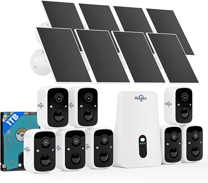 Hiseeu Solar Security Cameras Wireless Outdoor System, 8 Cam-Kit, Expandable to 10CH, No Monthly Fee, Solar-Powered, Home Security Cameras System with 2K Color Night Vision, 2.4G & 5G WiFi, 1TB HDD