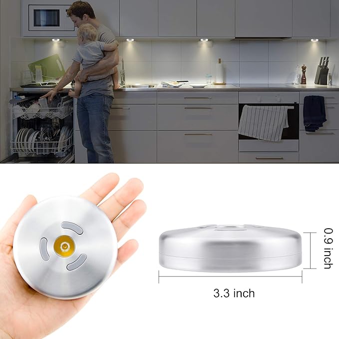 HONWELL Wireless Spotlight Indoor, Magnetic Push Lights, Stick on Puck Light, ALUMINIUM Mini Accent Lights Battery Operated, 100LM, 2 Brightness Level LED Closet Light for Cabinet,Art,Kitchen(3.3Inch)