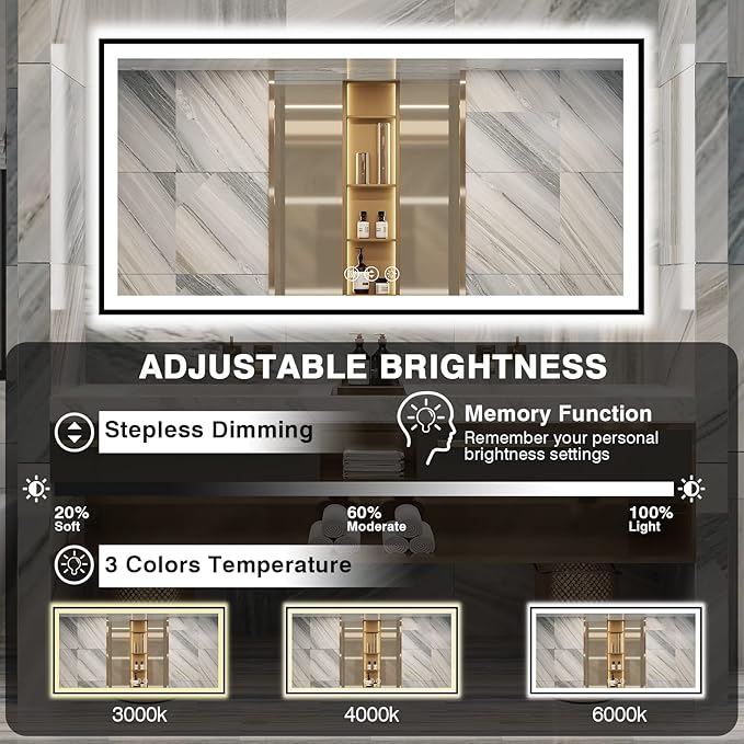 72x36 Bathroom Mirror With Lights - Black Aluminum Framed (Front and Backlit), Anti-Fog LED Lighted Bathroom Mirror,Stepless Dimmable Vanity Mirror,3 Colors Smart Mirror(Horizontal/Vertical)