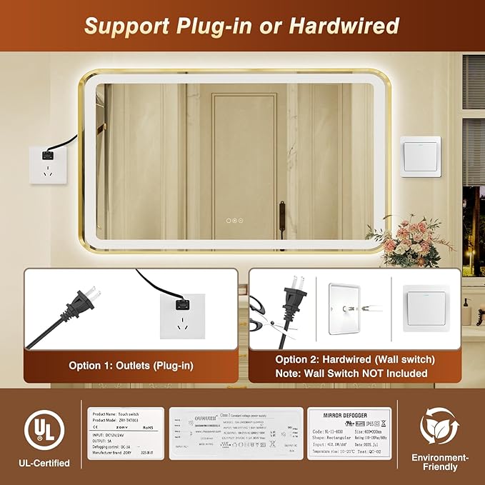 32x55 Inch LED Bathroom Mirror with Gold Frame,Front and Backlit Vanity Mirror,Tempered Glass,Stepless Dimmable Wall Mirrors with Anti-Fog, 3 Colors, Memory, Waterproof, LED Smart Bathroom Mirror
