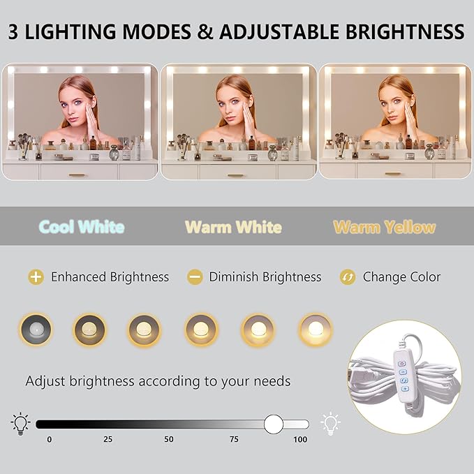 44" Vanity Desk with Mirror and Lights, Glass Top Makeup Vanity with RGB Ambient Lights & 7 Drawers, Large Dressing Table with Power Outlet for Bedroom, White