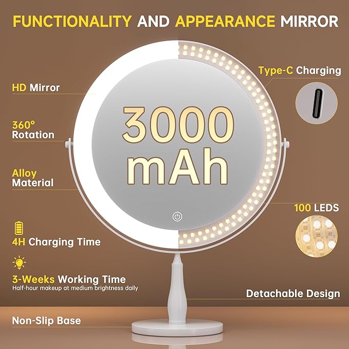 9" Extra Large 16.54" Tall Lighted Makeup Mirror, 1X/5X, 2-Sided Magnifying Mirror with 96 LEDs, 3 Color Dimmable Lights, 360° Swivel, LED Vanity Mirror, White - Great Gift