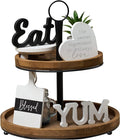 GENMOUS Farmhouse Kitchen Tiered Tray Decor Items Mini Set, Rustic Black and White Kitchen Counter Decor, Two Tiered Tray Kitchen Decor Set for Home Kitchen Dining Room Table Decoration
