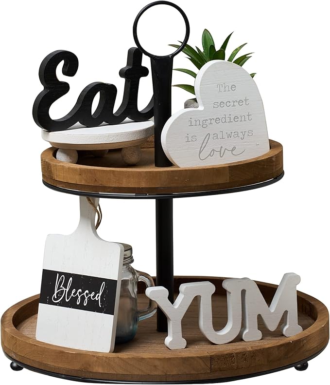 GENMOUS Farmhouse Kitchen Tiered Tray Decor Items Mini Set, Rustic Black and White Kitchen Counter Decor, Two Tiered Tray Kitchen Decor Set for Home Kitchen Dining Room Table Decoration