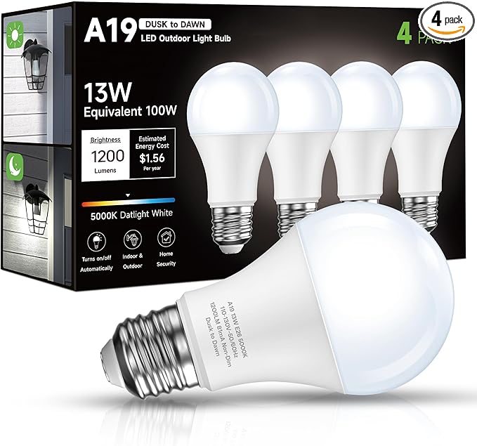 Dusk to Dawn Sensor LED Outdoor Light Bulb, Daylight White 5000K, A19 13W(100 Watt Equivalent) Bright Porch Lighting, 1200LM, Auto-On/Off Photocell Sensor for Garage Yard Patio Garden-4 Pack
