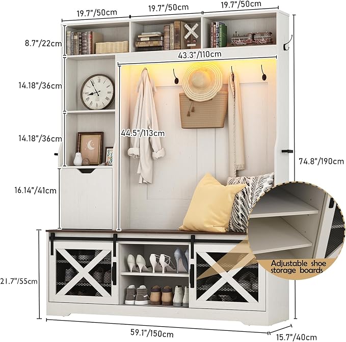 75''H LED Farmhouse Hall Tree with Bench and Shoe,Entryway Bench with Coat Rack,16 Shoe Cubbies & Umbrella Holder and Sock Storage Drawer,Mudroom/Hallway Storages Cabinet(White)