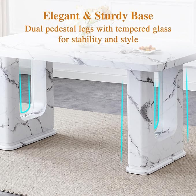 Dining Room Table for 6 - White Faux Marble Dining Table with 1.7-Inch Thick Seamless Tabletop and Dual Pedestal Base,64.5'' Mid Century Modern Dining Table Ideal for Kitchen,Home Office