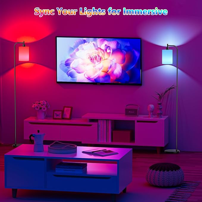 RGB Floor Lamp with Linen Shade, Dimmable Tall Standing Lamp with Remote Control, Color Changing Floor Lamps for Living Room Bedroom Gaming Room, 9W RGB Bulb Included