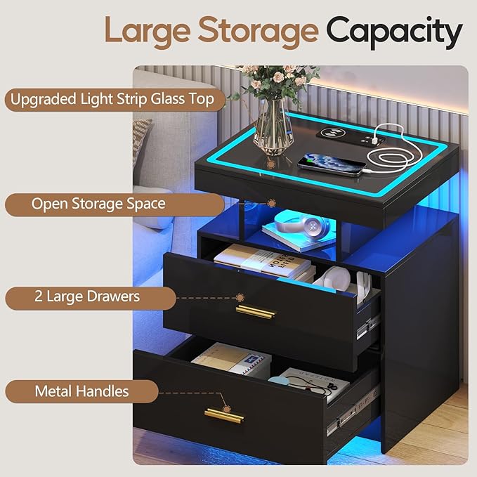 LED Nightstand Set 2 with Wireless Charging Station,Black Night Stand with 2 Drawers,Glass Top Smart Bedside Table,Modern End Table Side for Bedroom,Living Room,Office