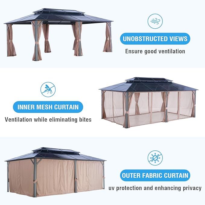 LeDoasis Nebula 12'x20' Outdoor Hardtop Gazebo, Permanent Aluminum Patio Gazebo, Polycarbonate Double Roof Canopy, Breathable Netting & Privacy Curtain Included，for Patio Lawn and Garden,Parties
