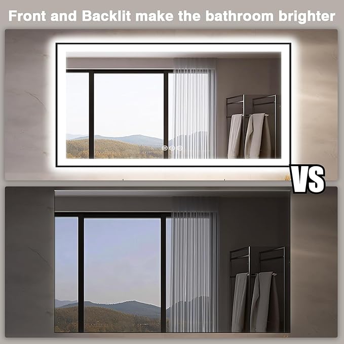 55x36 LED Bathroom Mirrors for Wall -Black Aluminum Trim (Front and Backlit), Anti-Fog Light Up Mirror,Stepless Dimmable Lighted Mirror,3 Colors Smart Mirror(Horizontal/Vertical)