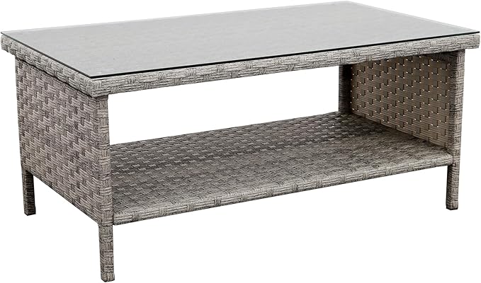 Rattaner Patio Coffee Table Outdoor Furniture Wicker Table 2-Layer Storage with Tempered Glass and Furniture Cover, Grey