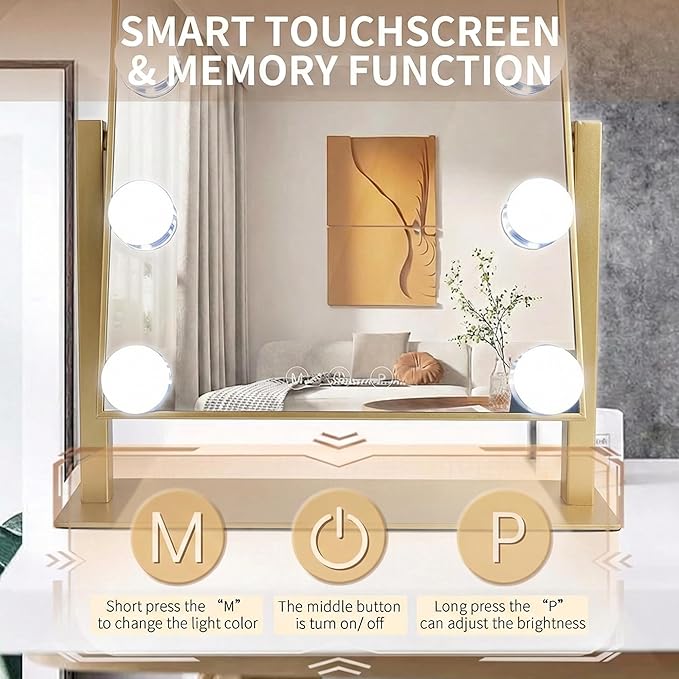 Makeup Vanity Mirror with Lights 17.12"x13.77" LED Makeup Mirror Detachable 10X Magnification, Hollywood Make Up Mirror with Lighting, Smart Touch, Rechargeable,360° Rotation, (Gold)