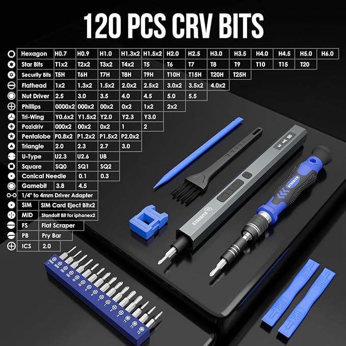 STREBITO 144-Piece Upgraded Electric Screwdriver, Max 0.7 N.m, 120 Magnetic Bits, 5-gear Torque Adjustment, Precision Screwdriver Set, Repair Tool Kit for Tech, Electronics and PC, Gifts for Men