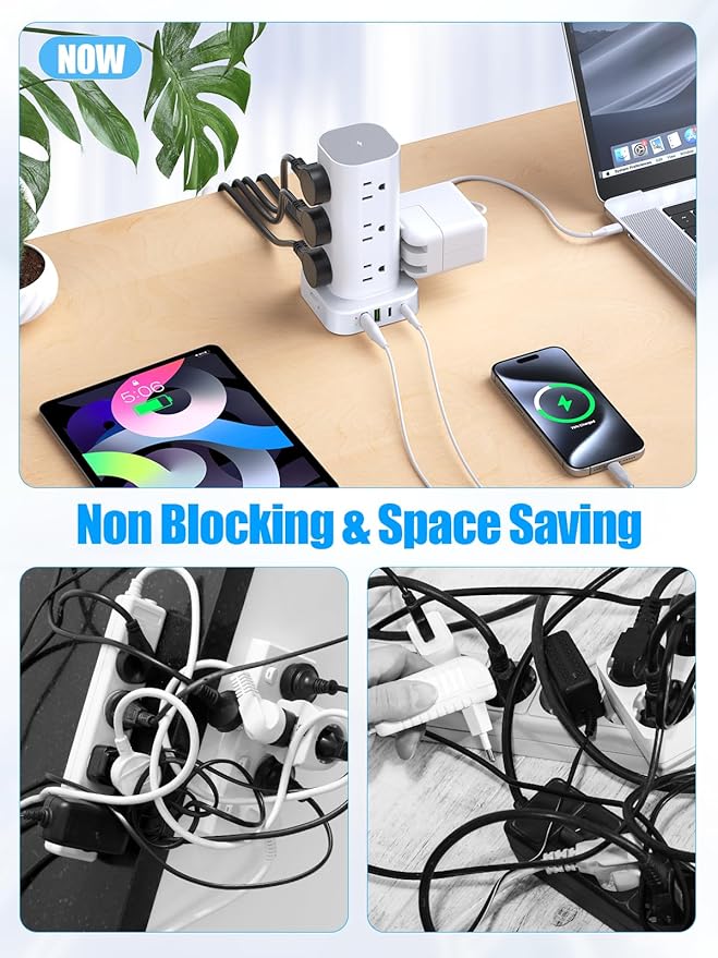 Tower Power Strips with Surge Protection, 6FT Flat Extension Cord with Multiple Outlets, 12 AC 4 USB Ports, Overload Protection Charging Station for Office Home Dorm Room Travel (White)