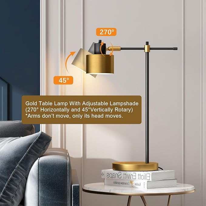 OYEARS 22.2“ Modern Industrial Desk Lamp for Reading LED Metal Table Lamp Light for Office Bedroom Study Room Living Room Nightstand Bedside Lamps Gold and Matte Black Accent Finish (Bulb Included)