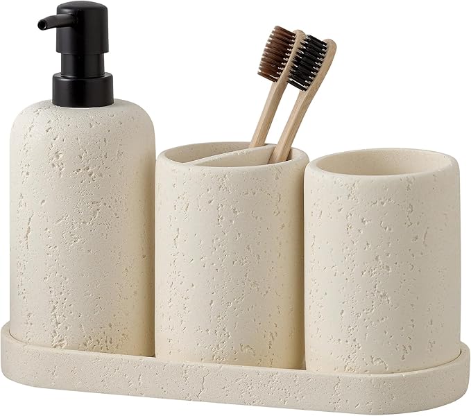 Bathroom Accessories Set, 4 Piece Travertine Stone Look Collection, Modern Bath Organizer with Soap Dispenser, Toothbrush Holder, Tumbler, Vanity Tray for Countertop Kitchen Sink (Off White)