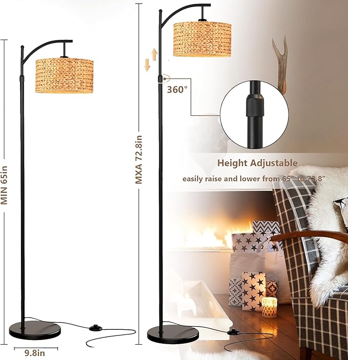 Floor Lamp for Living Room Bedroom Farmhouse Arc Rattan Boho Standing Lamp with Remote Dimmable Black Wicker Bamboo Lamp Shade Floor Light Adjustable Tall Lamp Industrial Floor Lamps Bohemian