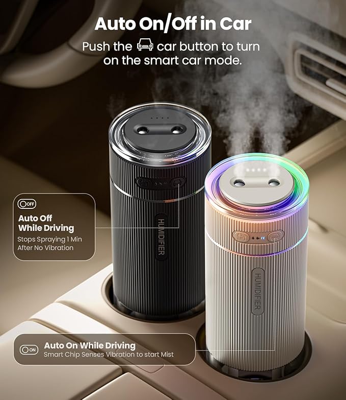WSKEN Portable Small Humidifier for Bedroom - [Dual Nozzle Large Cool Mist] [Ambiance Lighting] [Car Smart On/Off] Ultrasonic Mini Personal Desk Air Humidifiers for Travel Office Baby Room,Black