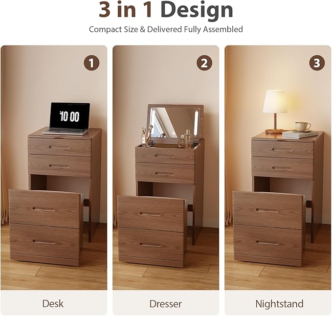 Solid Wood 3 in 1 Vanity Desk with Flip Top Mirror, No Assembly, Compact Vanity with Hidden Chair, Small Makeup Vanity Set with Power Outlet, Dressing Table for Bedroom, Walnut