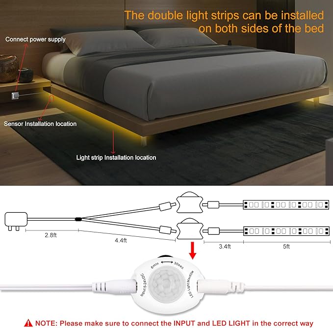 Vansky Motion Activated Bed Light, Flexible LED Strip Motion Sensor Night Light Bedside Lamp Illumination with Automatic Shut Off Timer (Warm Soft Glow)-Dual Light Strips Kit