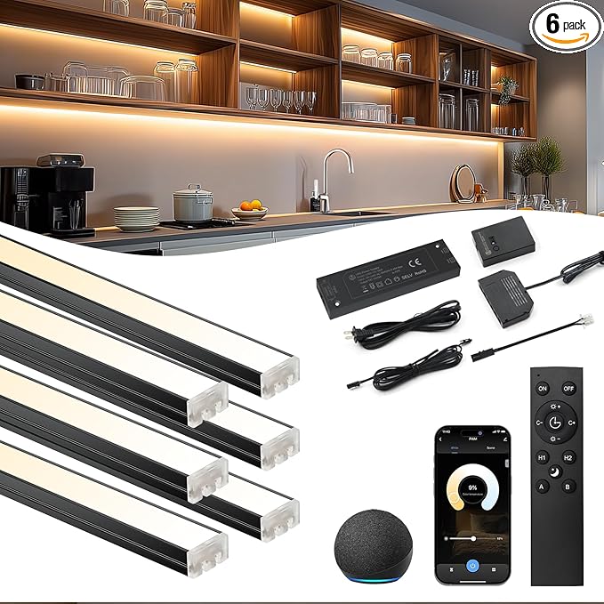 VST Under Cabinet Lighting 6 Pack, Smart LED Light Bars 2700K-6500K Dimmable, App & Voice Control for Google Home & Alexa, Remote & Hand Wave, Seamless Linkable 12V Plug-in for Kitchen, Closet, Shelf