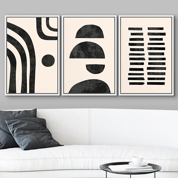 wall26 Framed Wall Art Print Set Black and Tan Semi Circles and Lines Geometric Shapes Digital Art Modern Art Mid-Century Modern Relax/Calm for Living Room, Bedroom, Office - 16"x24"x3 White