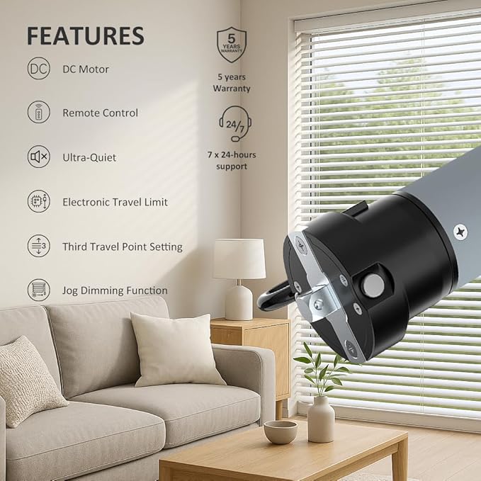 Electronic Limit Tubular Motor for Roller Shades, 45mm Remote Control Electric Blind Replacement Kit, Quiet Motorized Awning Drive, Light Adjustment (50 N.m for Φ60mm（2-3/8"） Round Tube)
